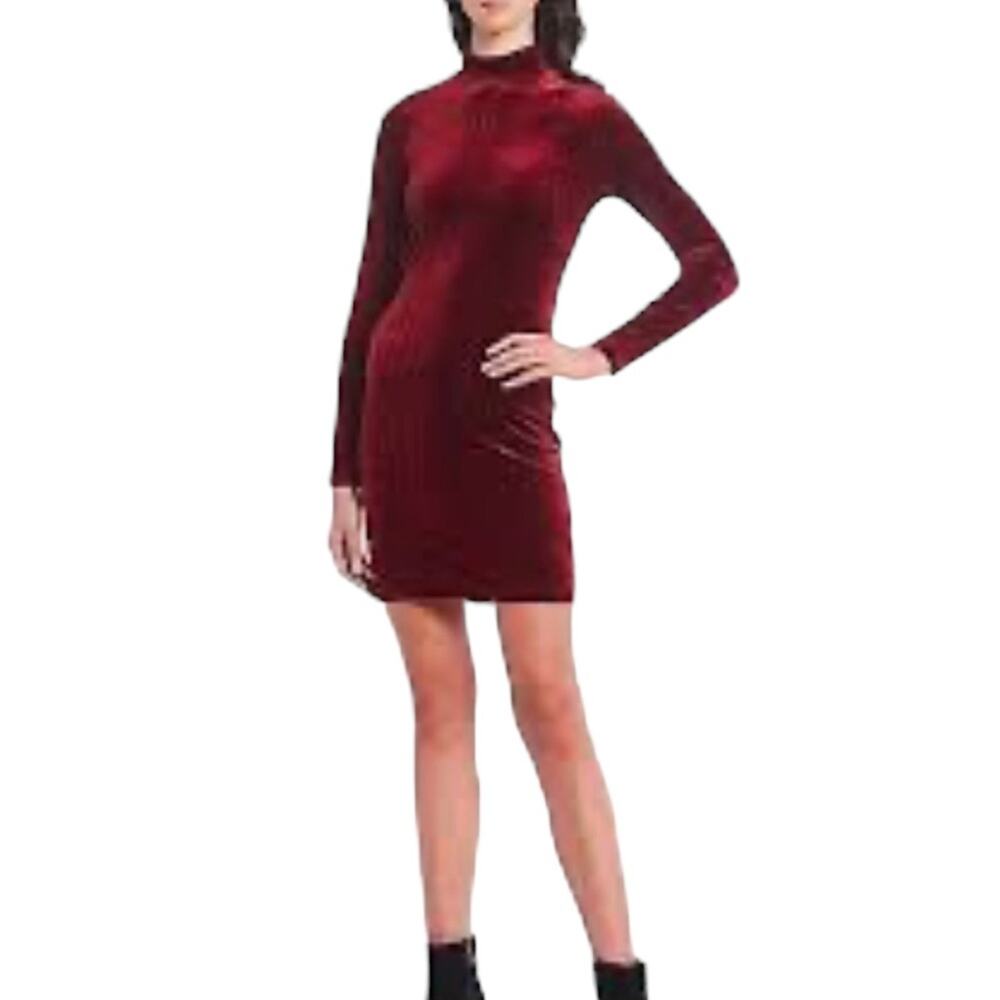 GB Red Velvet Stretch High Mock Neck Long Sleeve Holiday Cocktail Party Dress - Picture 16 of 16